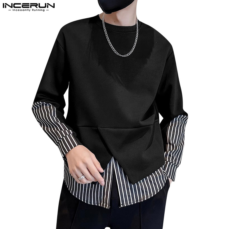 Incerun ผู้ชายเกาหลีลําลองปลอมสองชิ้นลาย Hem Slit เสื้อยืดแขนยาว