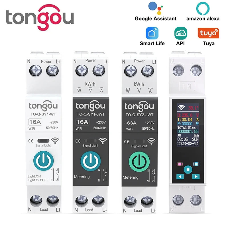 TUYA WIFI สมาร์ท Circuit Breaker พร้อมเมตร 1P 50A 63A DIN Rail สําหรับสมาร์ทบ้านรีโมทคอนโทรลไร้สายสวิทช์โดย APP TONGOU 97ES