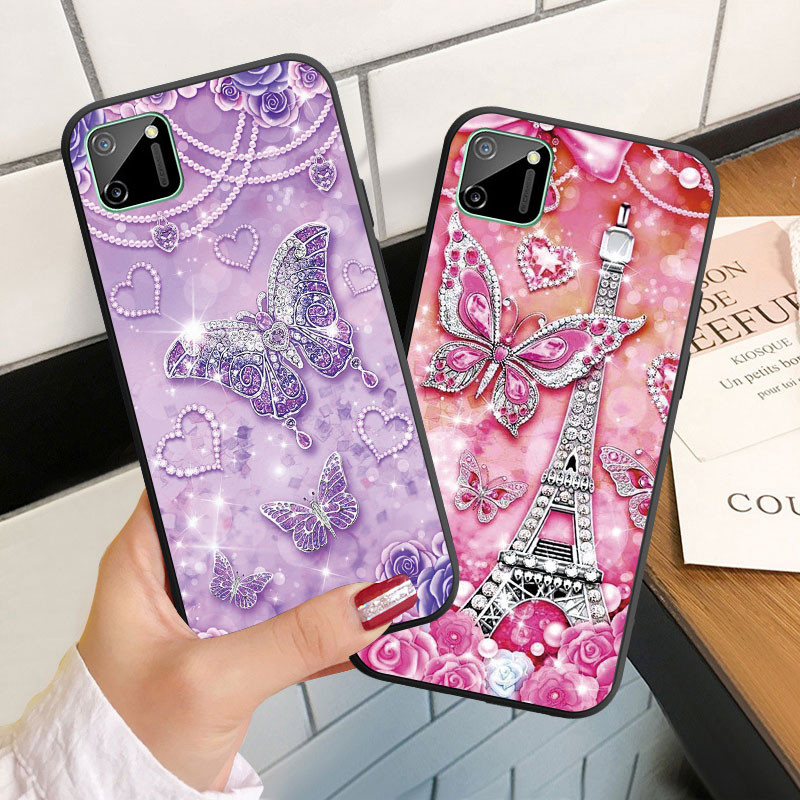 สําหรับrealme C1 C2 C3 C11 2021 C12 C15 C17 C20 C21 C25 C25S Soft Silicoenเคสโทรศัพท์ปกเพชรผีเสื้อ