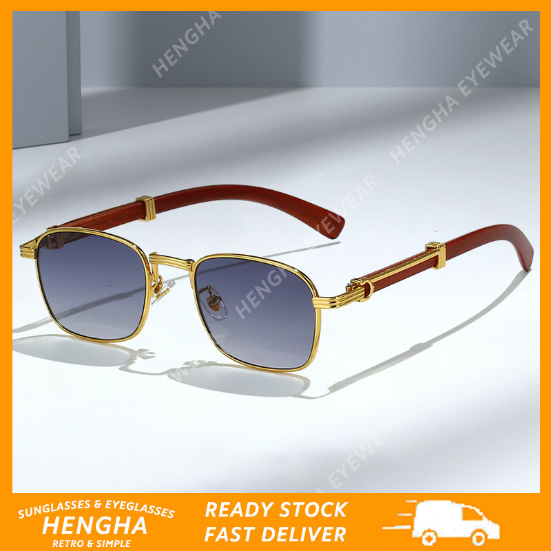 (HENGHA) โลหะสแควร์กรอบ Woodgrain วัดแว่นตากันแดด Western สไตล์วินเทจ Sun Shading แว่นกันแดด