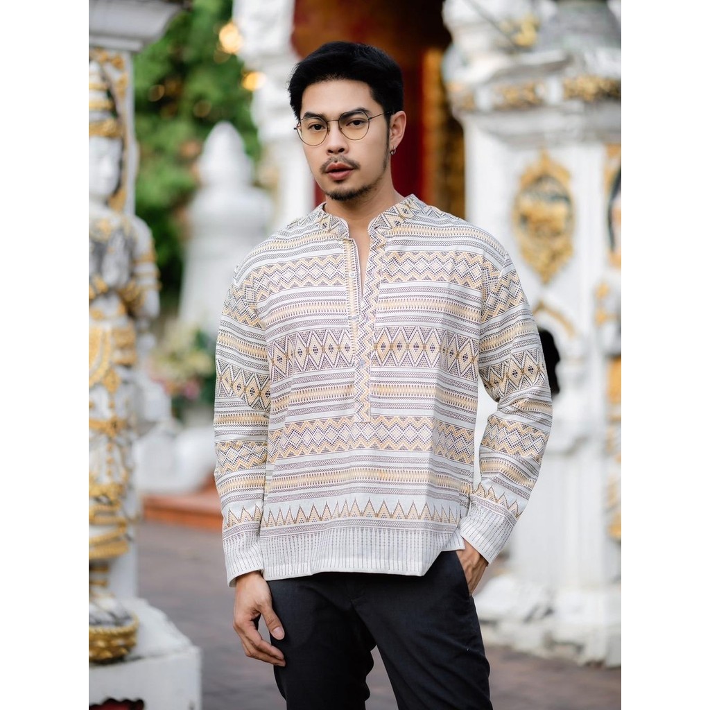 เสื้อผ้าแฟชั่น ผ้าไทย เสื้อผ้าฝ้ายฟอกนุ่มพิมพ์ลาย no.38ขาว