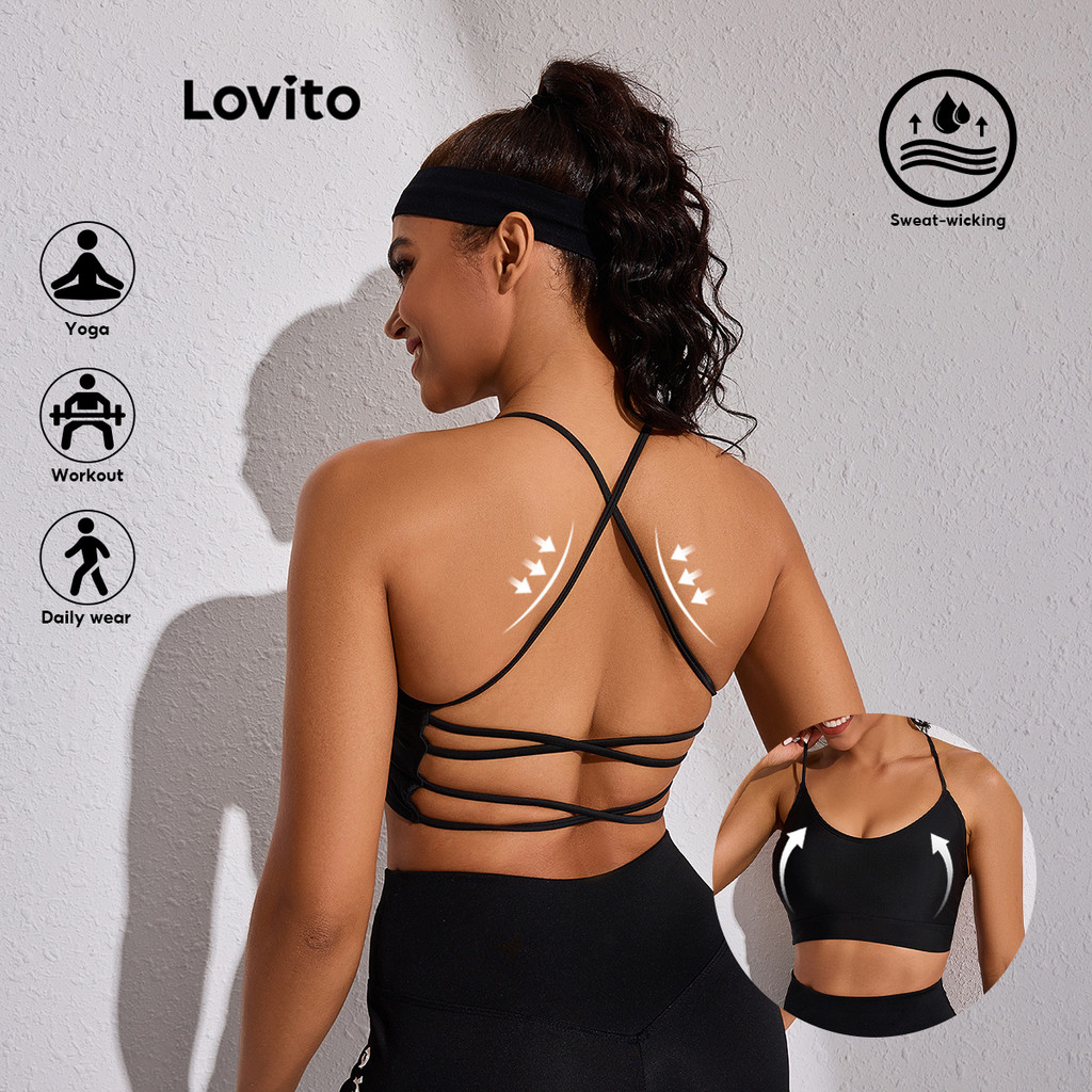 Lovito สปอร์ตตี้สีพื้นไขว้ไม่มีสายผูกหลังเสื้อชั้นในกีฬาสำหรับผู้หญิง LBL17721