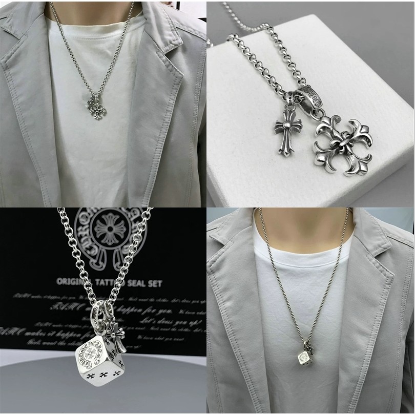 CH♥  สร้อยคอ/925 สมอเงินและรูปทรงลูกเต๋าสร้อยคอจี้คู่สไตล์ฮิปฮอปเฉพาะ