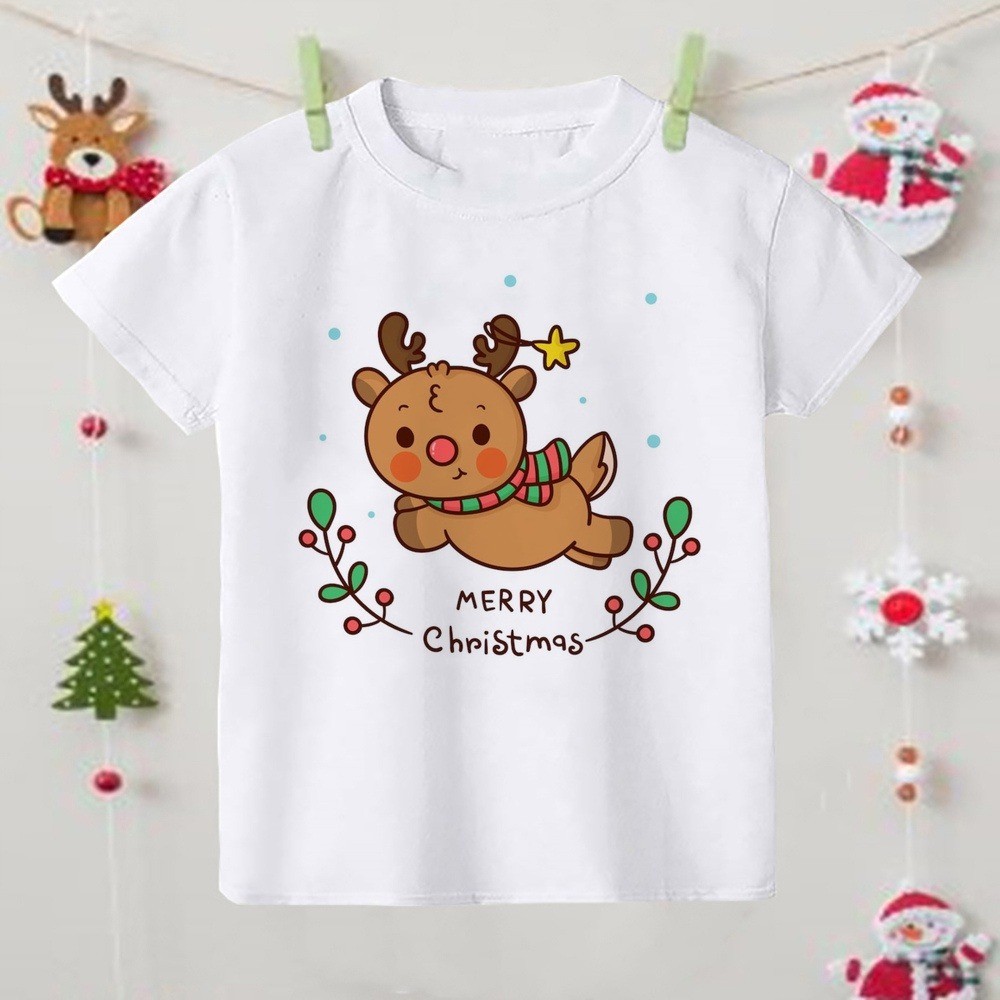 (จัดส่งตลอด 24 ชั่วโมง)KIDS PRINCESS เสื้อยืดแขนสั้น พิมพ์ลายการ์ตูนซานตาคลอส กวางน่ารัก แฟชั่นฤดูร้อน