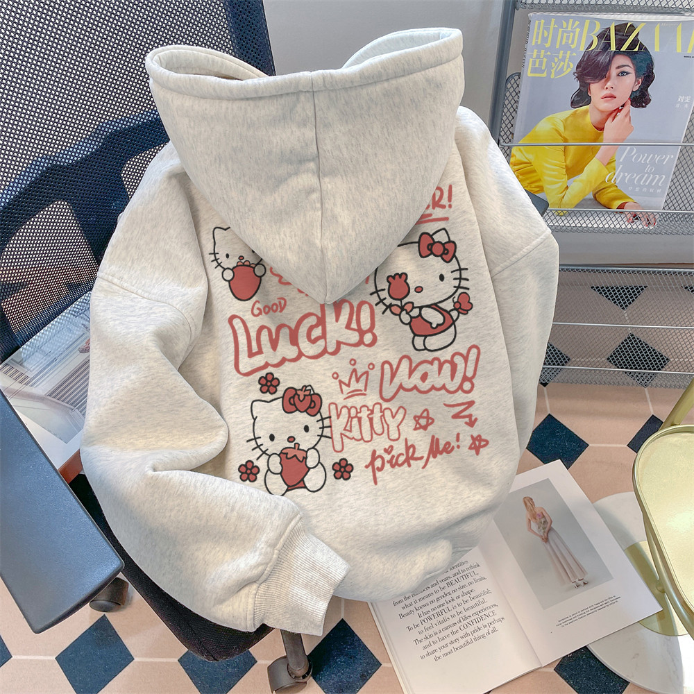ฮู้ดดี้ผู้หญิงฤดูหนาว สไตล์ญี่ปุ่นวิทยาลัย น่ารัก ลาย HelloKitty เสื้อกันหนาว หมวกหลวมด้านบน