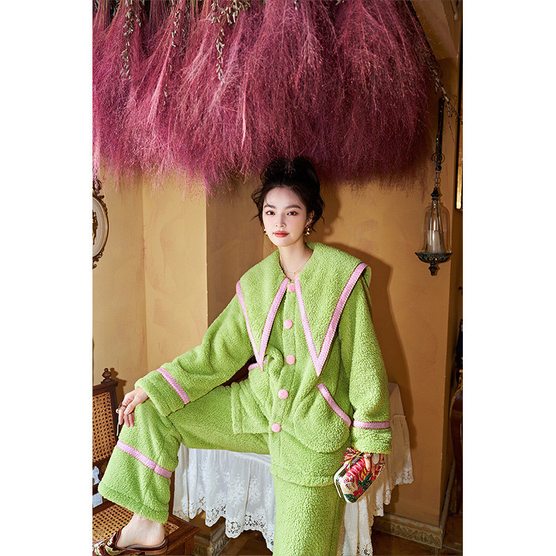 [Osee] Kimonos & Robes ฤดูใบไม้ร่วงและฤดูหนาว Ivory Tower Flannel Coral ขนแกะหนาแขนยาวกางเกงสูทชุดนอ