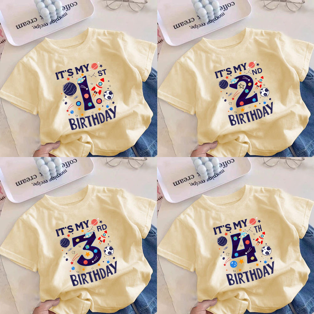 เด็ก Crewneck T เสื้อชาย Planet นักบินอวกาศการ์ตูนพิมพ์เสื้อยืดแขนสั้น 1-5Y วันเกิดเสื้อผ้า