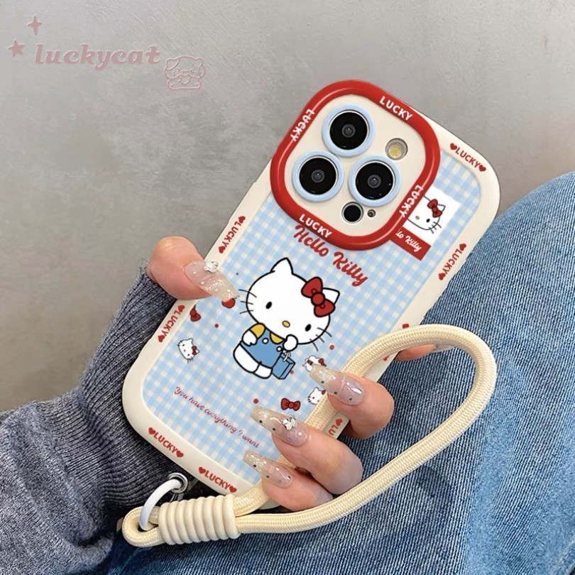 Iphone 16 15 14 13 12 11 Pro Max X Xr Xs Max 7 8 Plus SE2020 เคสโทรศัพท์น่ารักพกพากระเป๋าสีฟ้า KT Cat + Lanyard คู่ฝาครอบโทรศัพท์นุ่ม