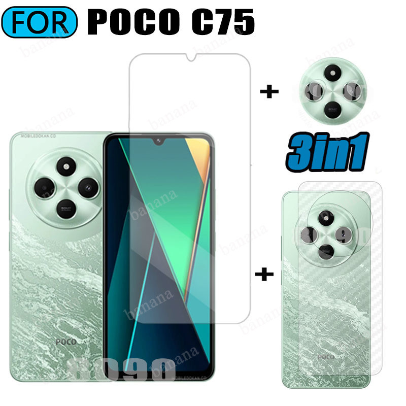 สําหรับ POCO C75 กระจกนิรภัย 3 ใน 1 ป้องกันหน้าจอสําหรับ POCO C65 C61 C40 กระจกนิรภัยพร้อมเลนส์กล้องกระจก Protector