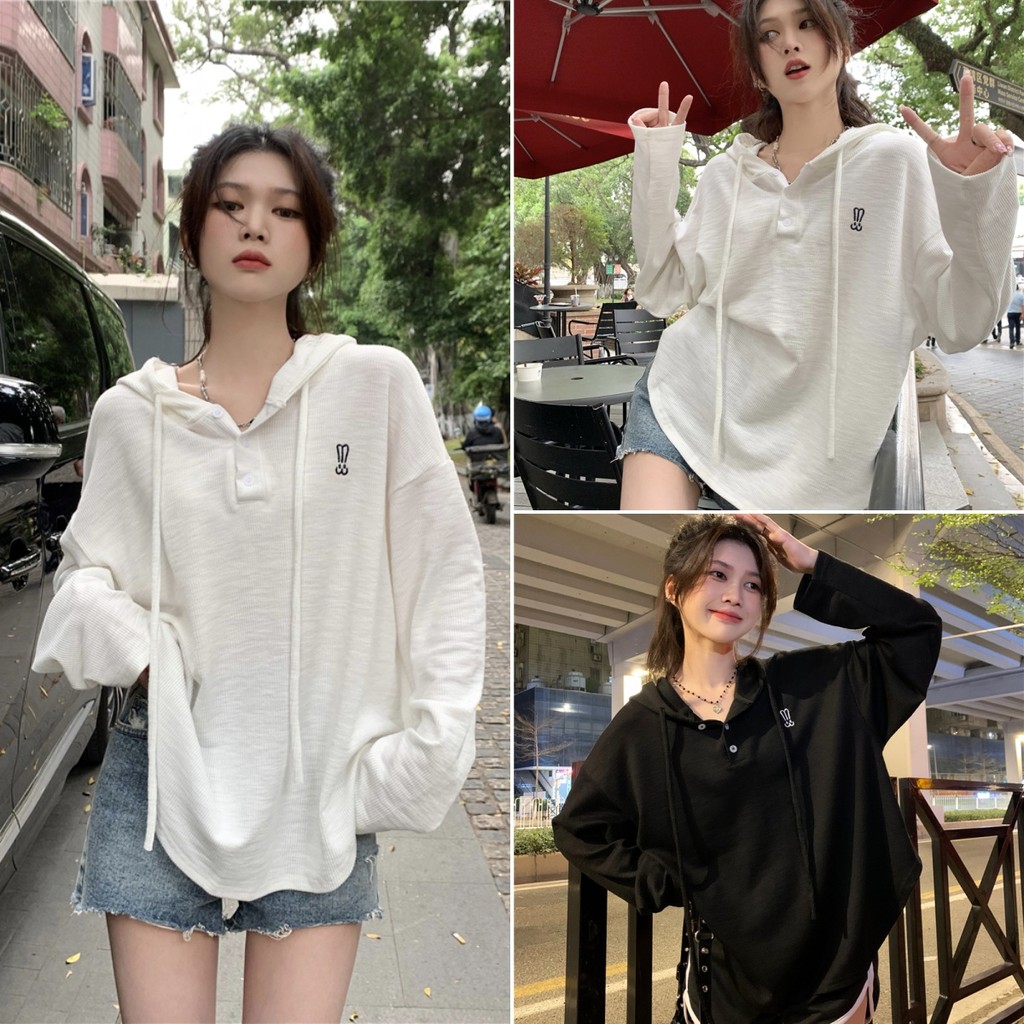 Hotgirl พร้อมส่ง เสื้อยืดแขนยาวผู้หญิง เสื้อฮู้ดคอกลมสตรี ดีไซน์มีฮู้ดมีกระดุม พิมพ์ปัก สไตล์เกาหลี