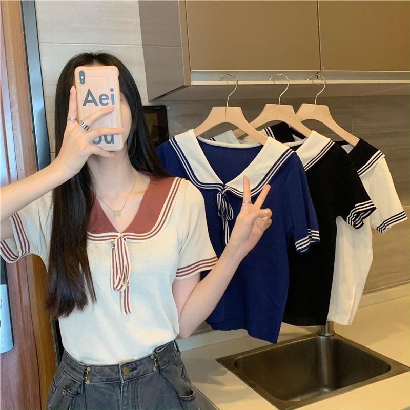 👚Anna👚 เสื้อยืดแขนสั้นผ้าถัก ปกตุ๊กตาเด็ก แต่งเชือกผูก เสื้อสไตล์เกาหลีน่ารัก Lady Clothing Women ผู้หญิง #A502