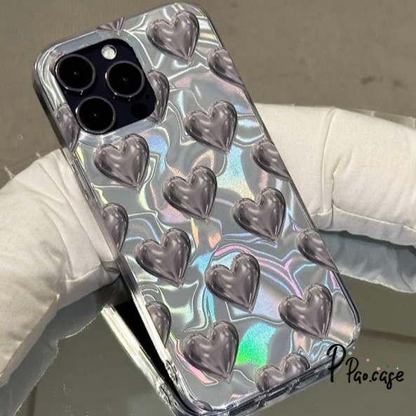 แฟชั่นหวานรักหัวใจเข้ากันได้เคสไอโฟน 16 11 13 15 12 14 Pro Max XR 16 8 7 Plus X XS Max SE 2020 เงาลูกฟูก TPU อ่อนเคส