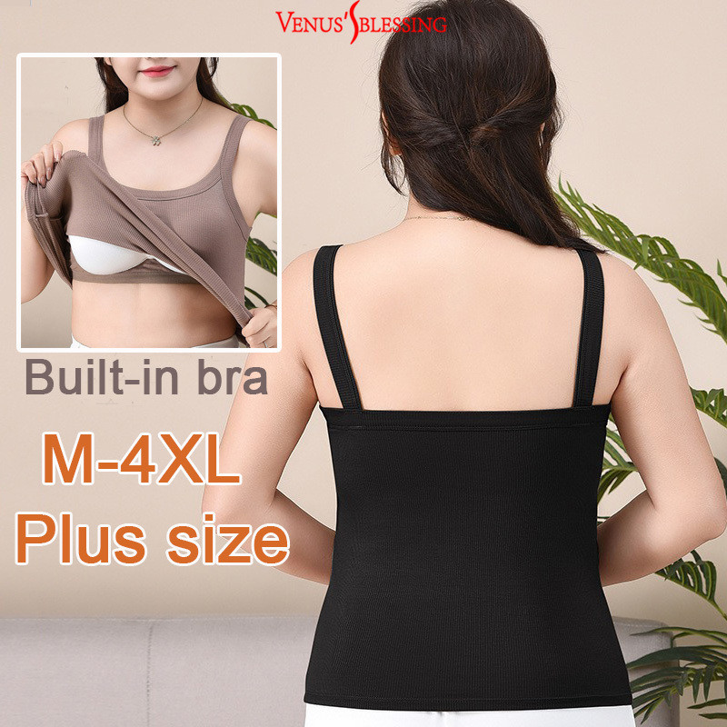 M-4xl Plus size 2 in 1 สายบางเสื้อกล้าม 50-100kg Womens Home Casual Modal sleeveless Top แผ่นรองหน้าอกในตัว