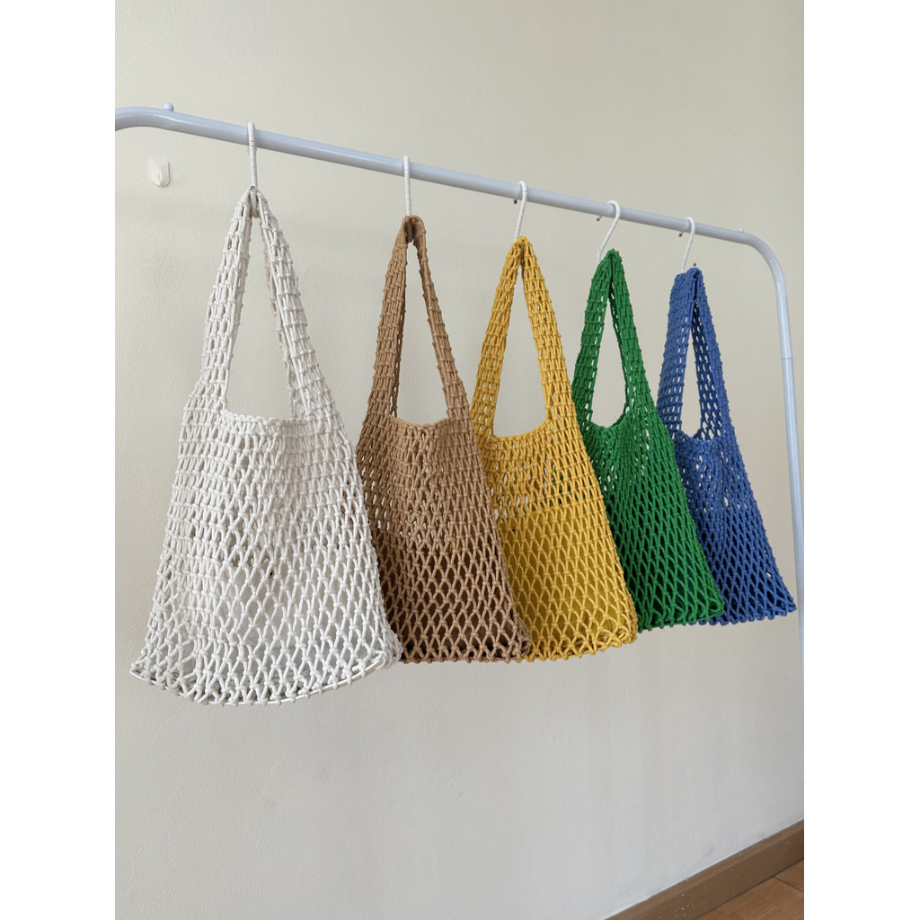 กระเป๋าเชือกถักย่าม ทรงhobo พร้อมส่ง 5 สี ก้นหนัง มีกระเป๋าผ้าด้านใน P119
