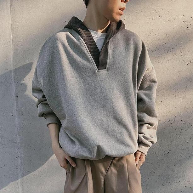 MNO.9 Hoodie K712 เสื้อฮู้ดชาย คอวีลึก งานตัดต่อเนื้อผ้า เสื้อกันหนาว เสื้อแขนยาว โอเวอร์ไซซ์ ฮู้ด