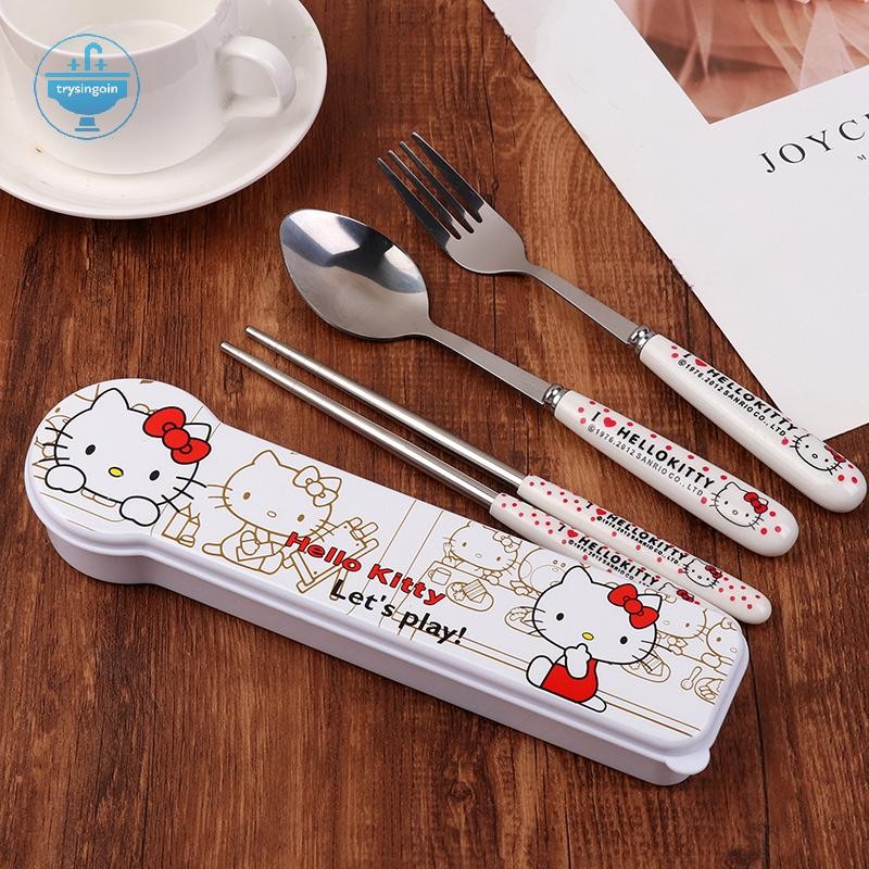[trysingoin] Kawaii Hello Kitty Chops ช้อนส้อม Sanrio KT แมวบนโต๊ะอาหารชุดอาหารเย็นแบบพกพาสําหรับเด็กอะนิเมะ Flatware พร้อมกล่อง TH
