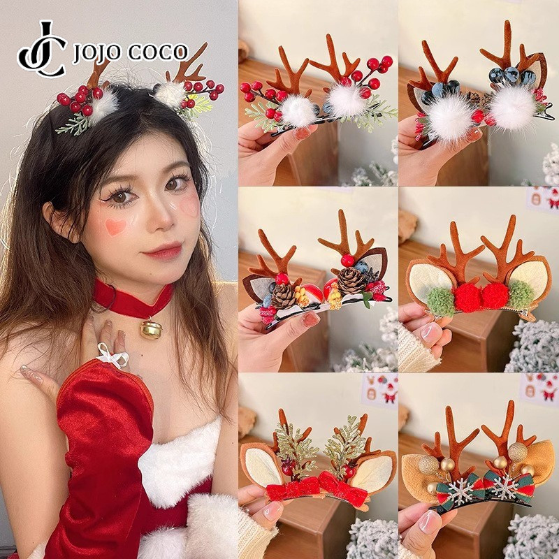 Jojo COCO Christmas Deer Antler Hairpin การ์ตูน Elk Hair Ball Bell กิ๊บติดผมน่ารักอุปกรณ์เสริมผม