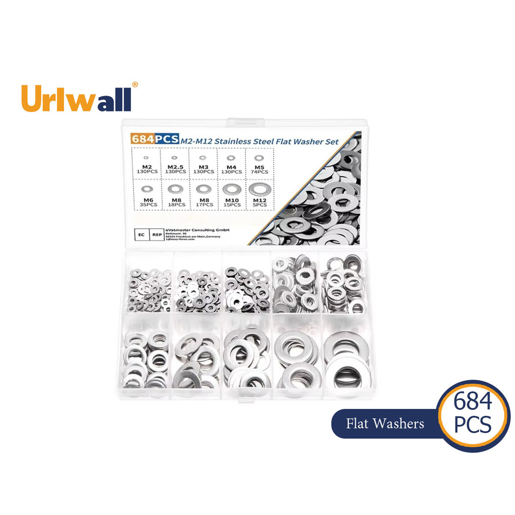 Urlwall 684pcs แบนเครื่องซักผ้าสแตนเลสรอบซ่อมเครื่องซักผ้า Assortment แบนและล็อคปะเก็นชุด 9 ขนาด M2M12