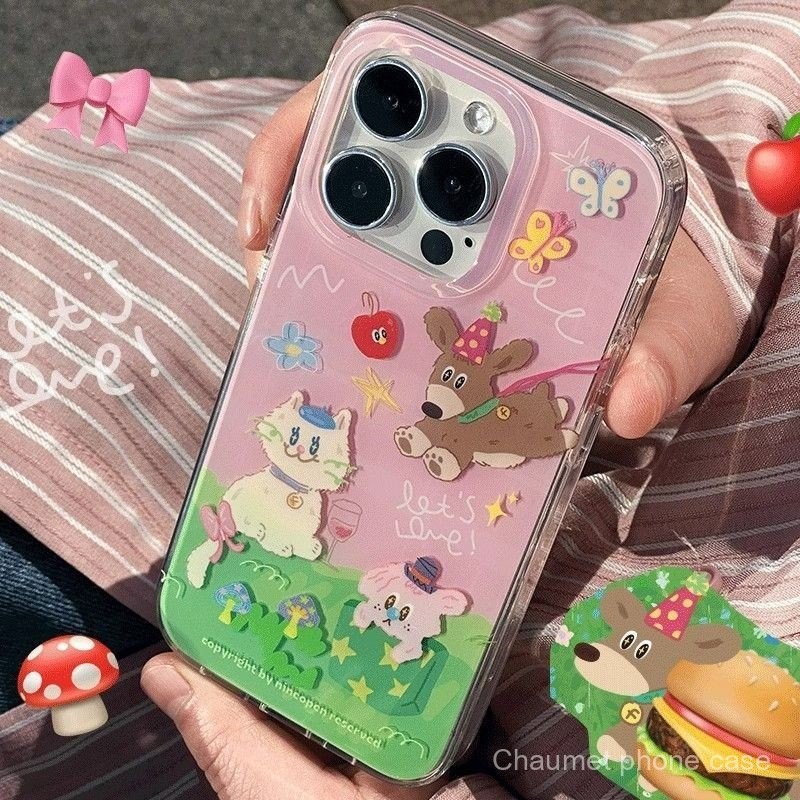 ลูกสุนัขคิตตี้สาวปาร์ตี้สีชมพูเข้ากันได้กับ iPhone 16PROMAX เคสโทรศัพท์15/14/13/12รูใหญ่ cu7w