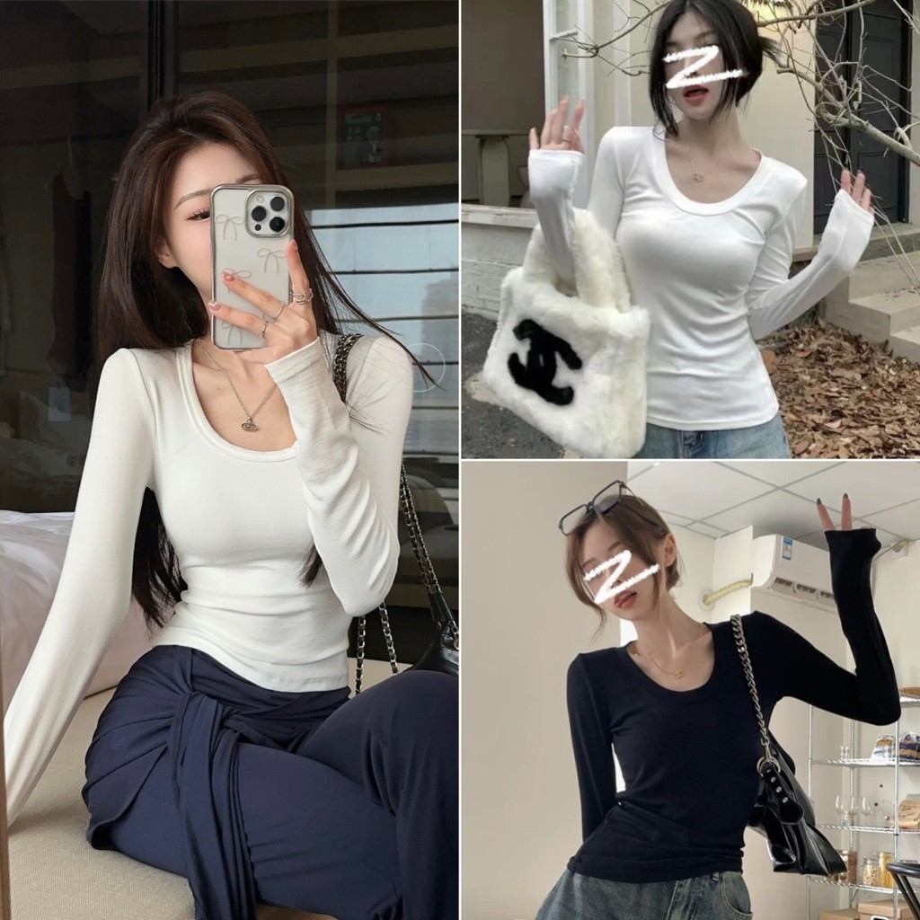 cherryshop พร้อมส่ง เสื้อยืดแขนยาวสำหรับผู้หญิง y2k เสื้อยืดรัดรูปแฟชั่น สีพื้น คอยู สไตล์เกาหลี