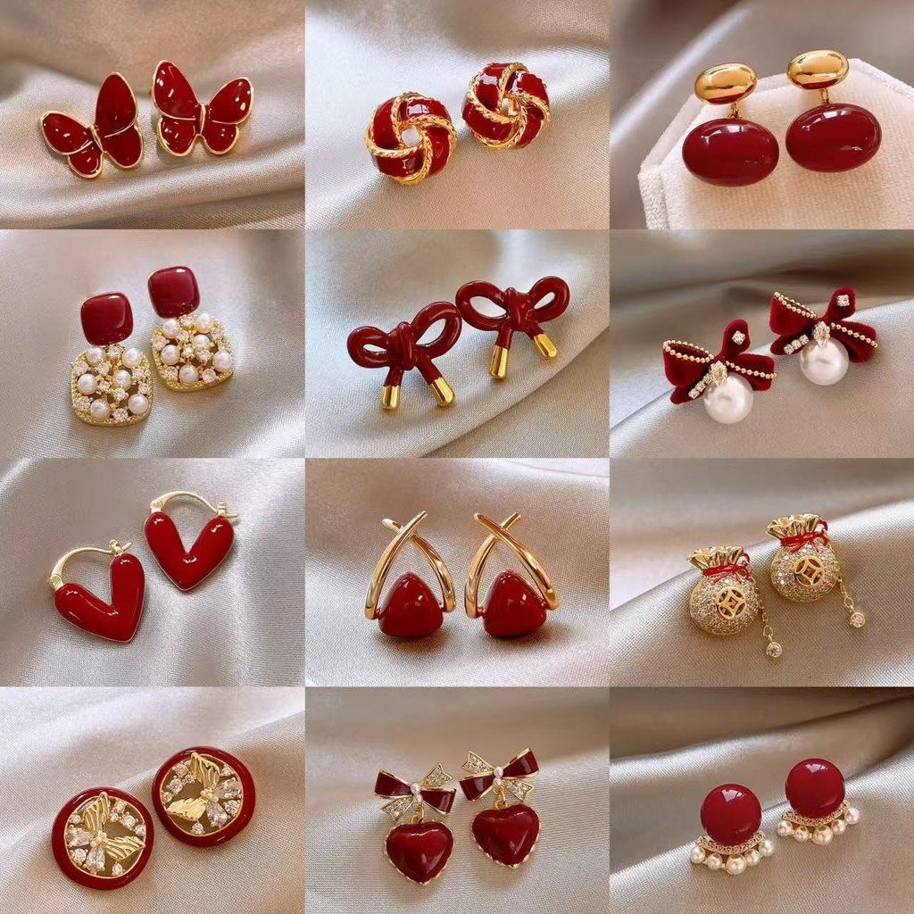 ต่างหูเพทายมุกสีแดงเกาหลีสําหรับผู้หญิงต่างหูระดับไฮเอนด์ประณีต 2024 ใหม่