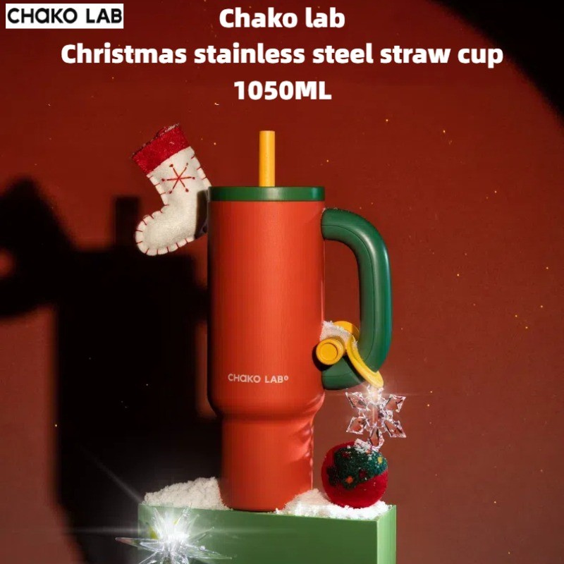 Chako lab Christmas ถ้วยฟางสแตนเลส 1050ML ถ้วยเก็บความร้อนกระเป๋าถือของขวัญถ้วยน้ําของขวัญคริสต์มาส Gift
