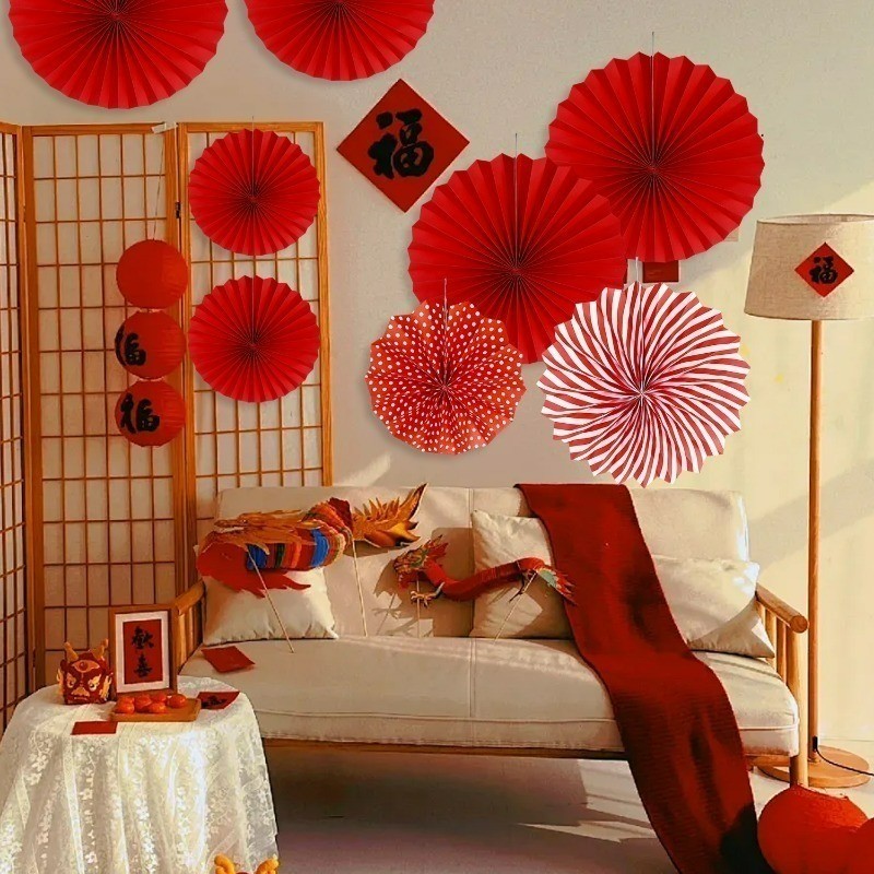 6 ชิ้น/เซ็ตปีใหม่สีแดงพับกระดาษพัดลม-บ้านเทศกาลฤดูใบไม้ผลิพรรคแฟนดอกไม้ตกแต่งจี้-ผนังพื้นหลังเครื่องประดับ - รูปที่ 2