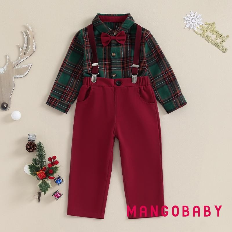 Mg-baby Boys 2 ชิ้นสุภาพบุรุษชุดเสื้อแขนยาวลายสก๊อต + กางเกงแขวนชุดเสื้อผ้าเด็กวัยหัดเดิน