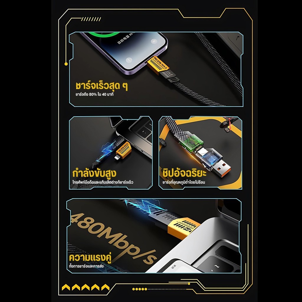 สายชาร์จข้อมูลชาร์จเร็วโอนถ่ายข้อมูลได้สายเคเบิลข้อมูล 4in1 แข็งแรงทนทาน รองรับอินเทอร์เฟซ Type-C และ USB-A - รูปที่ 4
