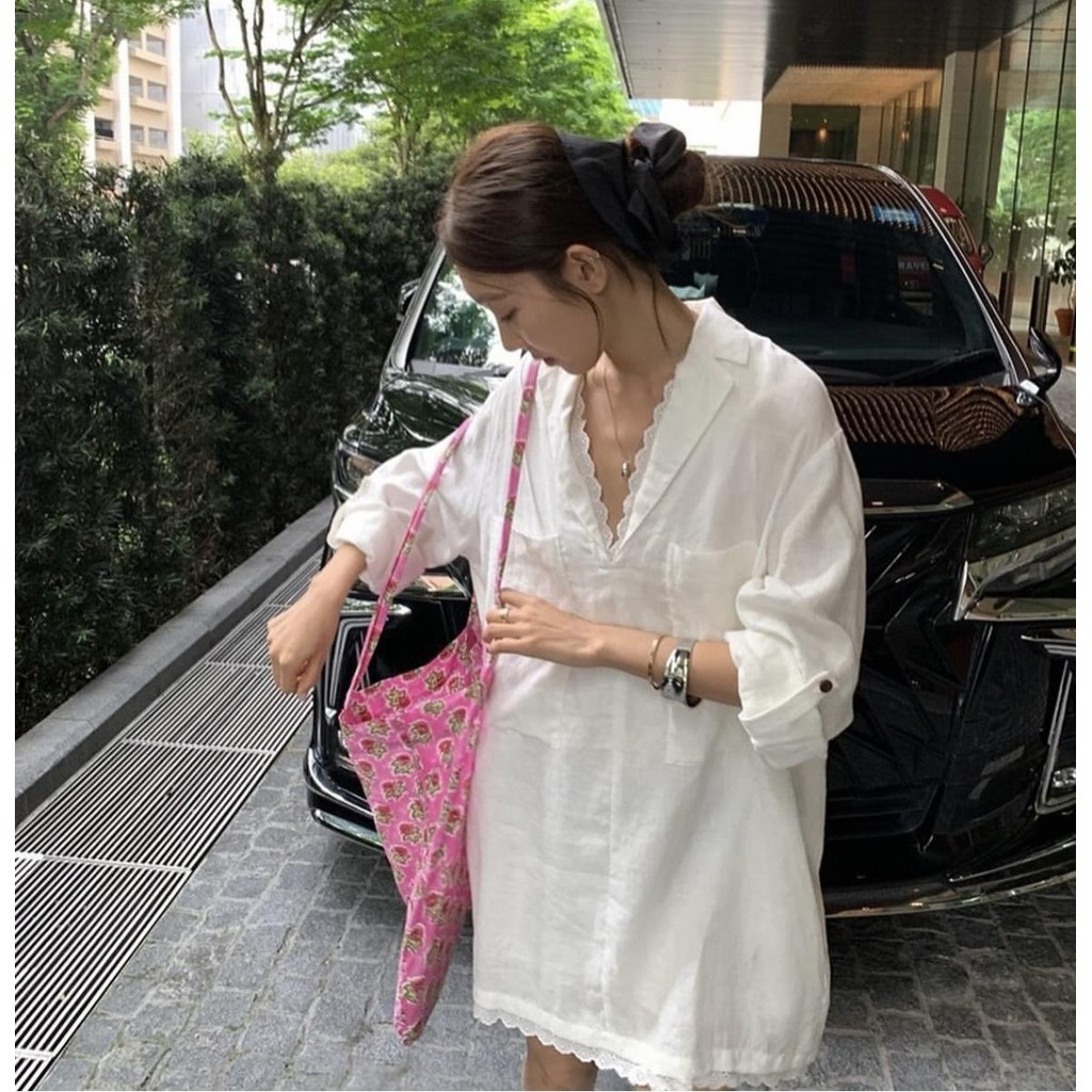 mimi&didi#เสื้อเชิ้ตยาวปานกลางคอวีขนาดใหญ่ประดับด้วยลูกไม้ แขนยาว สีชมพู แฟชั่น เสื้อเชิ้ตที่หรูหราและเป็นผู้หญิง#W520