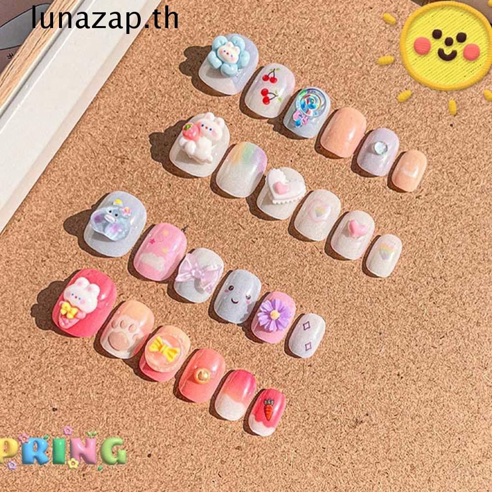 Lunazap เด็กเล็บปลอม,ดอกไม้ Bowknot เด็กการ์ตูนเล็บปลอม,น่ารักสั้นสแควร์รูปเล็บอุปกรณ์กดบนเล็บเด็กเล็บปลอมขยายของเล่นเด็ก