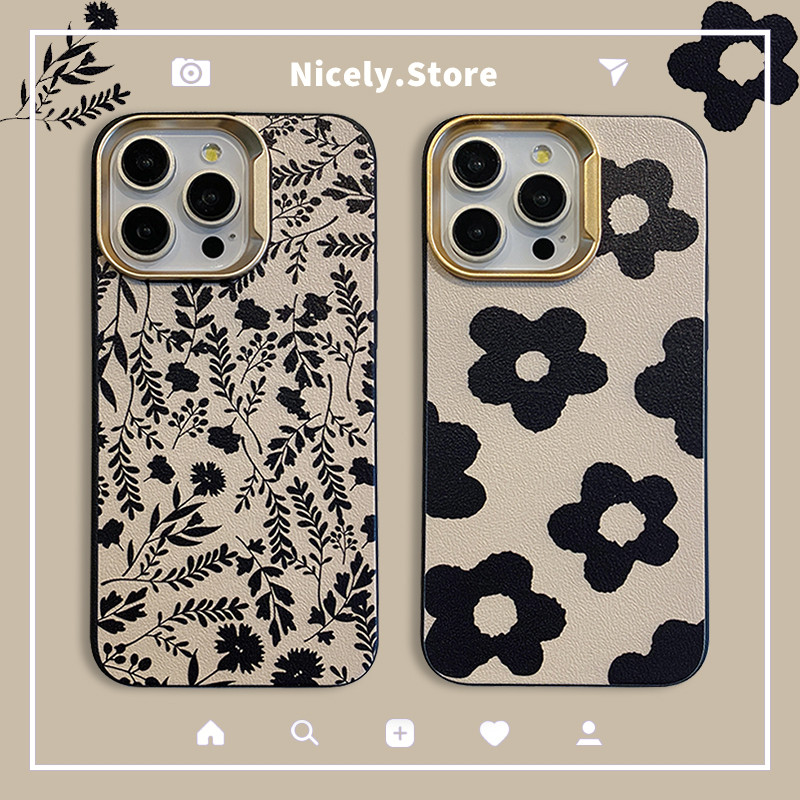 Ins ดอกไม้สีดําดอกไม้หนังเคสโทรศัพท์สําหรับ iPhone 16 Plus 15 14 13 12 11 Pro Max 16Plus Soft TPU กล้องฝาครอบป้องกันปลอก