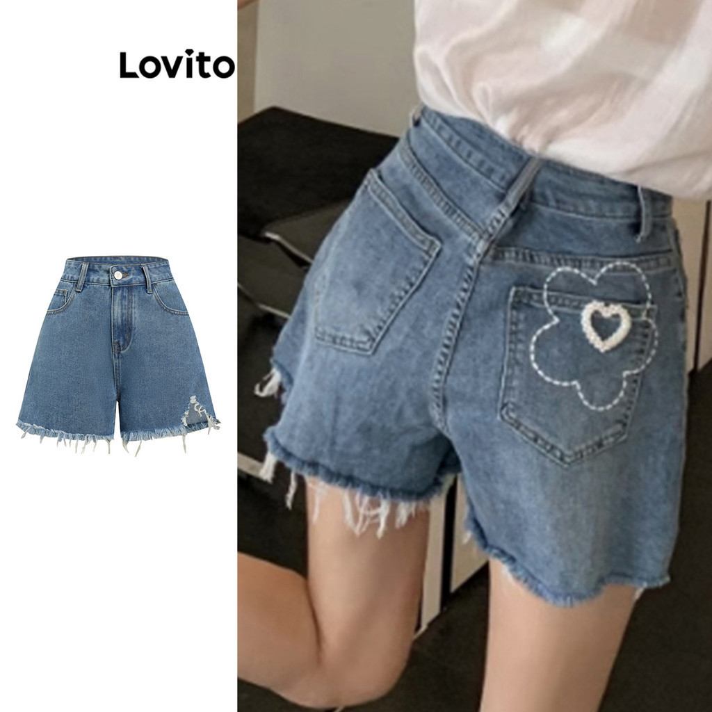 Lovito กางเกงยีนส์ขาสั้นลำลองแมวธรรมดาสำหรับผู้หญิง L95ED310