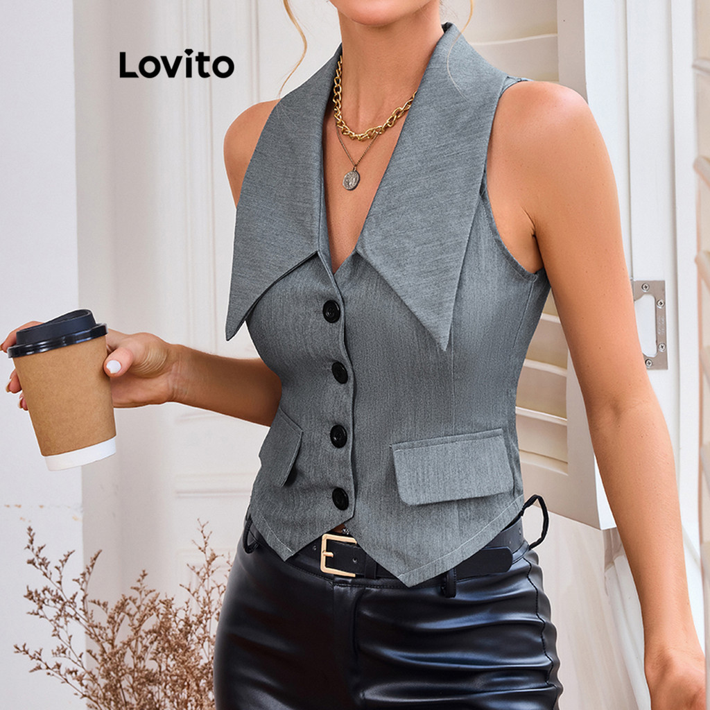 Lovito เสื้อเบลเซอร์ปุ่มธรรมดาหรูหราสำหรับผู้หญิง LBL16249