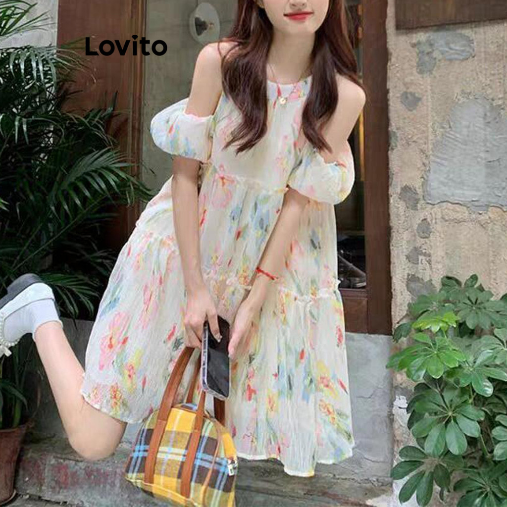 Lovito เดรสผู้หญิง มีลาย สีพื้น สไตล์ลำลอง LNA69066