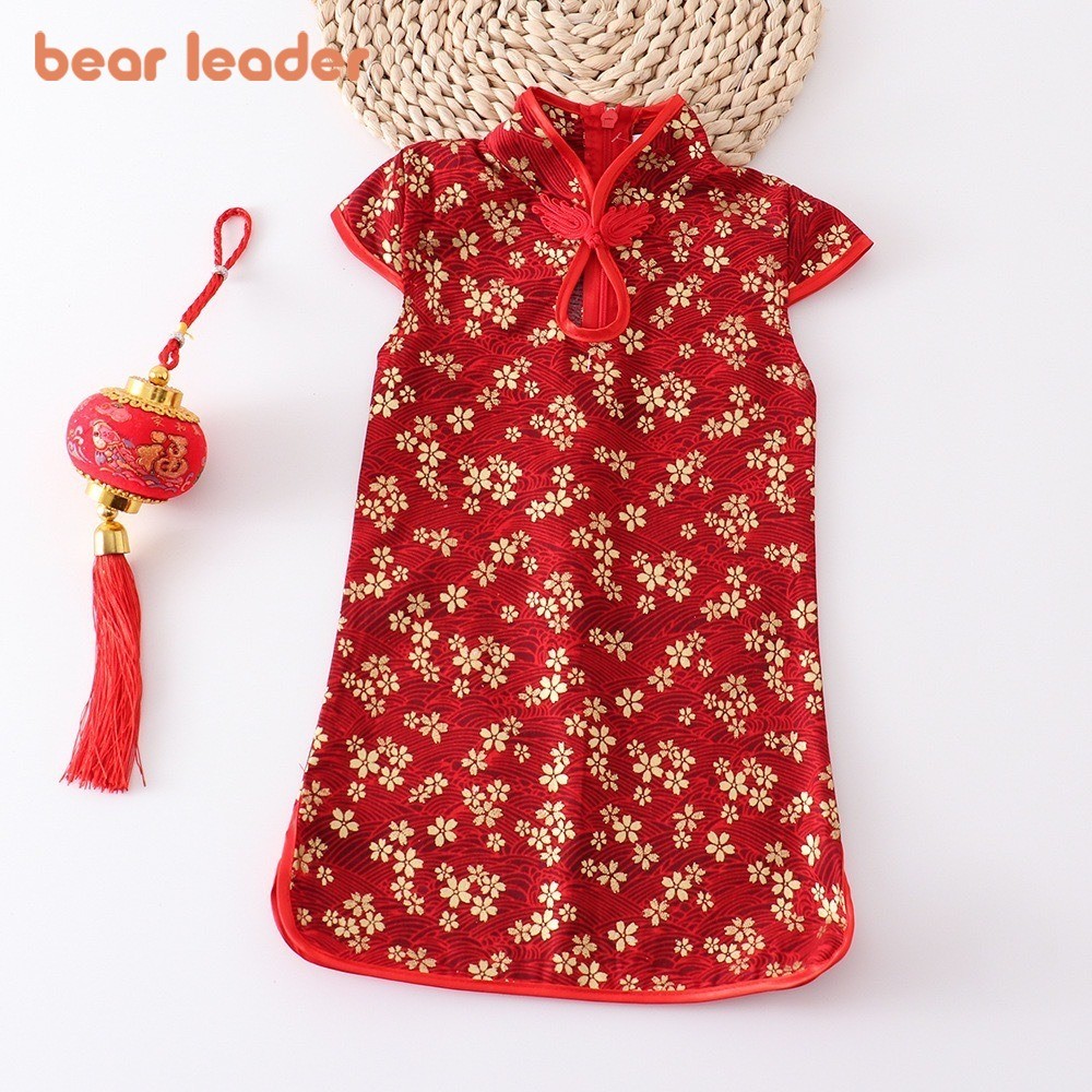 หมีผู้นําสไตล์จีนปีใหม่ชุดสีแดงฤดูร้อนฟีนิกซ์สัตว์ดอกไม้พิมพ์สาว กี่เพ้า 1-8 ปีคริสต์มาสเสื้อผ้าเด็ก