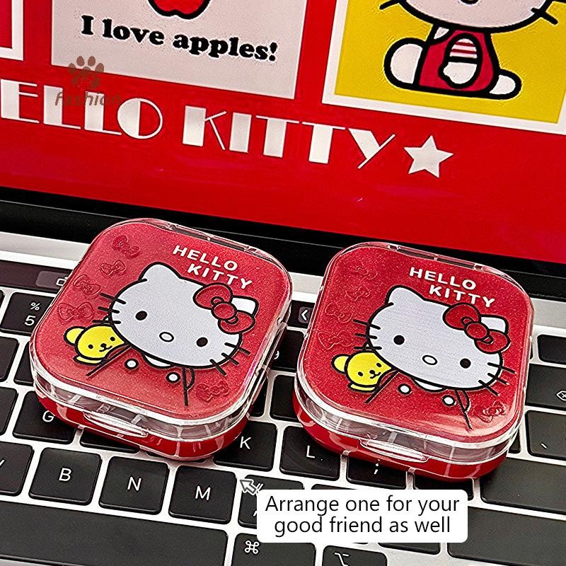 [แฟชั่น] 2 คู่สีแดง Hello Kitty คอนแทคเลนส์กรณี Kawaii Sanrio KT Cat ความงามนักเรียนกล่องเก็บเครื่อง