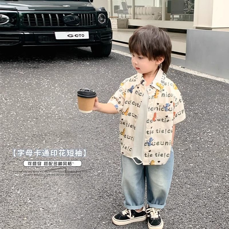 (((80-150ซม.) Boy Dinosaur Letter Print Shirt Boy Baby Handsome Fashion Shirt Top