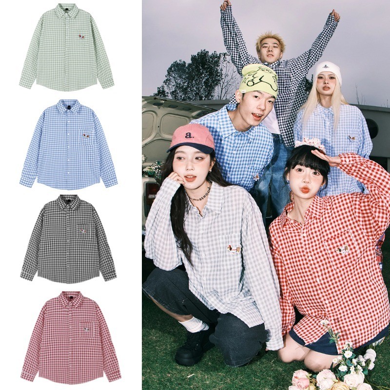Asrv เสื้อเชิ้ตลายสก็อตลายลูกสุนัขปักสไตล์อเมริกันฤดูใบไม้ผลิผู้ชายและผู้หญิงเสื้อแขนยาวทรงหลวม