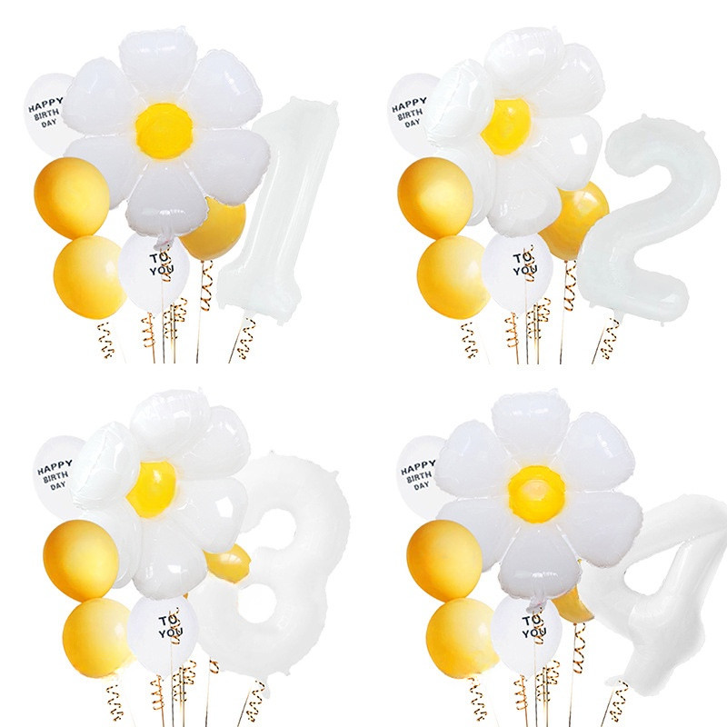 7ชิ้นเดซี่ดอกไม้บอลลูนชุดที่มีสีขาวจํานวนบอลลูนวันเกิดเด็กอาบน้ําพรรคตกแต่งชุด