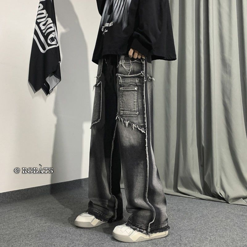 [สไตล์ขายดี] Washed Distressed Raw Edge Straight Jeans oversize West Coast Drape Pants Male Ruffian 