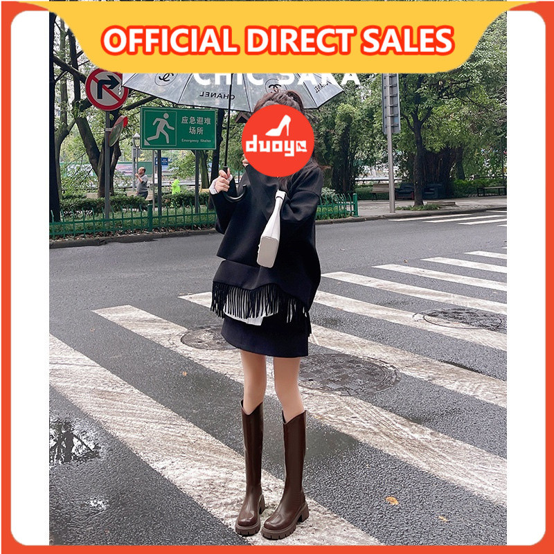 Duoya Factory รองเท้าบูท ข้อสูง ส้นหนา หัวกลม ทรงตรง เหมาะกับฤดูใบไม้ร่วง และฤดูหนาว สําหรับผู้หญิง