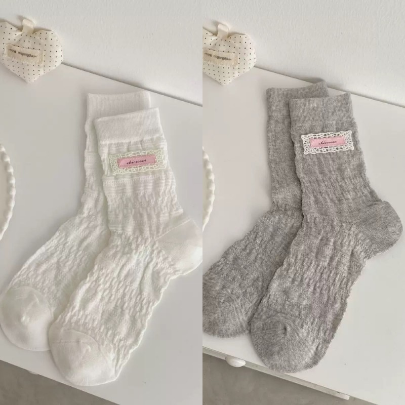 Ins Pink Lace Label ผ้าฝ้ายบางสีทึบจีบ Breathable Sweet Mid-Tube ถุงเท้าผู้หญิง - รูปที่ 4