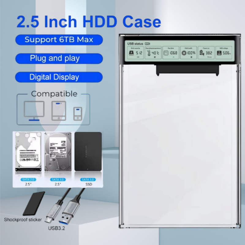 2.5 นิ้วโปร่งใส USB 3.2 ภายนอก HDD Case HDD Enclosure พร้อมหน้าจอแสดงผล 5Gbps USB ถึง Type-C HDD SSD สําหรับแล็ปท็อปพีซีโทรศัพท์