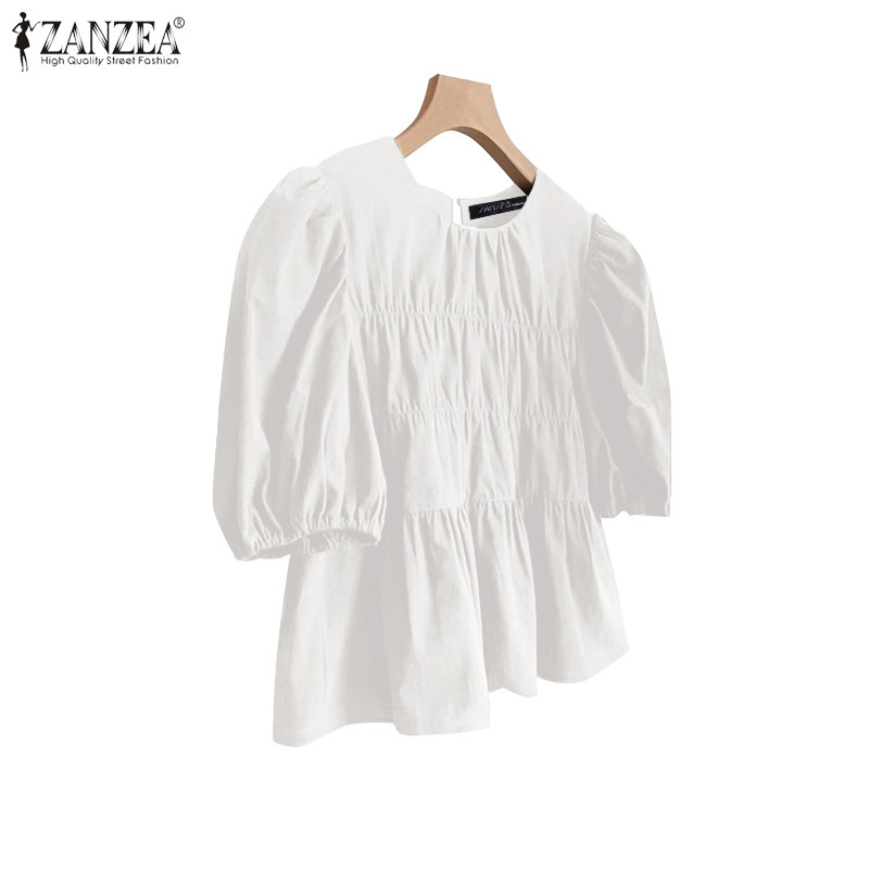 ZANZEA ใส่ ซานเซีย ผู้หญิงแฟชั่นเกาหลีลูกเรือคอโคมไฟแขนหลวมจีบเสื้อ