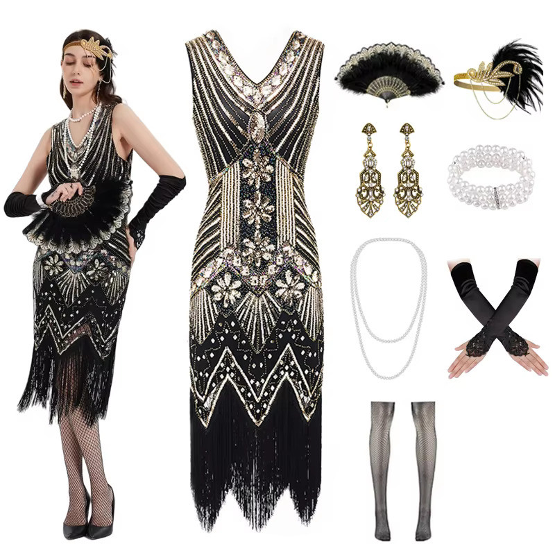 1920s Flapper ชุดผู้หญิง Fringe เลื่อม Great Gatsby ชุดผู้หญิง 20s อุปกรณ์เสริม Roarring 20s เครื่องแต่งกาย