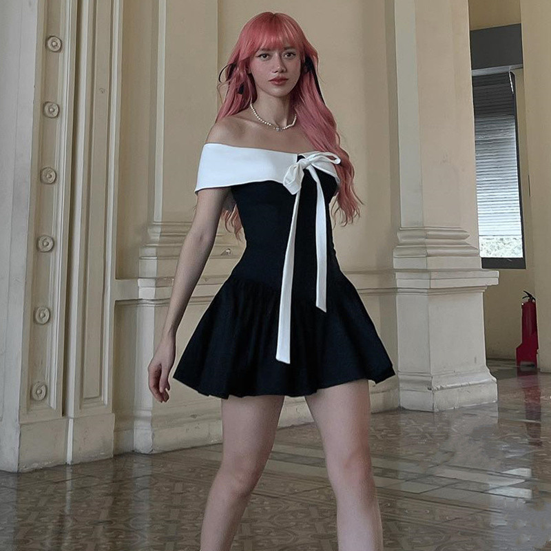 [Ginnie] COD CDH ยุโรปสไตล์อเมริกันฤดูใบไม้ผลิ Preppy น่ารัก Bowknot ชุดหวานสไตล์ตุ๊กตาคอ Contrast ส