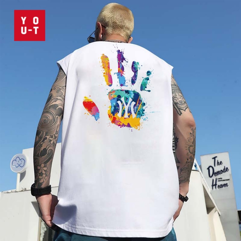 Y-T⚡ เสื้อแขนกุด OVERSIZE เสื้อกั๊กแขนกุดชาย พิมพ์”Colored palms IYI”  ฝ้าย100% แนวสตรีท  สวมใส่สบาย สไตล์ลำลอง Unisex ราคา ถูกที่สุด ดีลบีเคเค แกลเลอรีภาพที่ 3