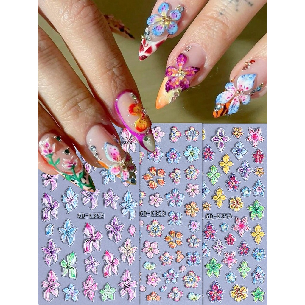 สติกเกอร์เล็บดอกไม้ 3D Hibiscus & Lily ลายฮาวาย แกะสลักนูน กลีบไล่สี กาวในตัว Sliders