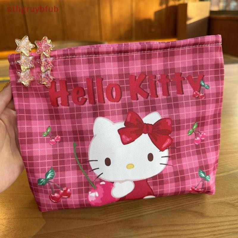 STHB น่ารัก Sanrio Hello Kitty กระเป๋าเครื่องสําอาง KT Cat พิมพ์กระเป๋าถือกระเป๋าเดินทางขนาดใหญ่ความจุแบบพกพากระเป๋าแป้งกระเป๋าเก็บสาวของขวัญ TH